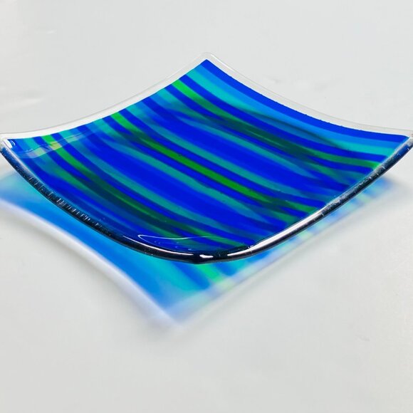 Striped Glass Square Platter Craftsman Made - Picture 2 of 4